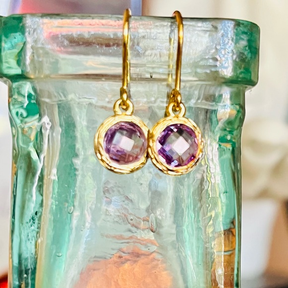 Jewelry - NWOT Faceted Amethyst Striated Gold Tiny Circle Earrings